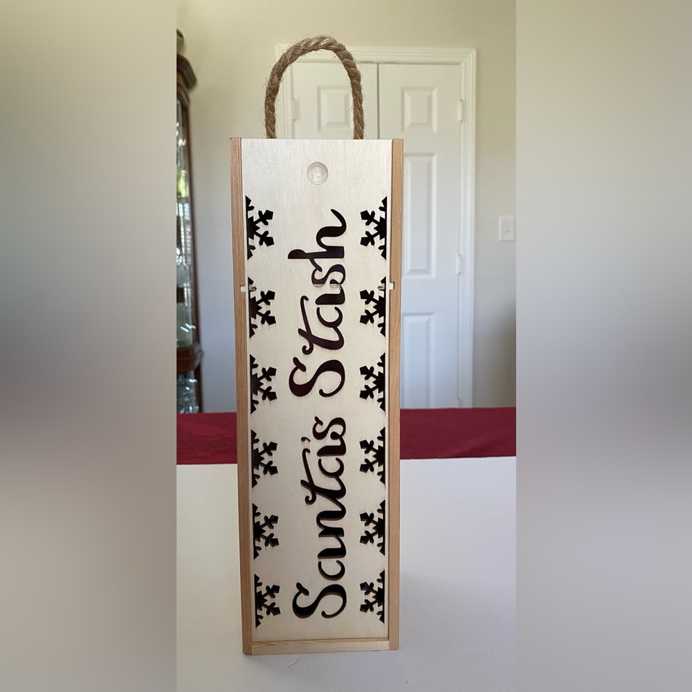 Santa’s Stash Carved Wood Wine Box Bottle Holder 14” Slide Lid Ribbon Insert